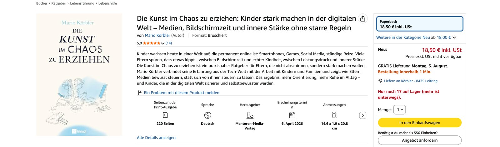 Mein Buch hat bei Amazon 14 Bewertungen — alle mit 5 von 5 Sternen.